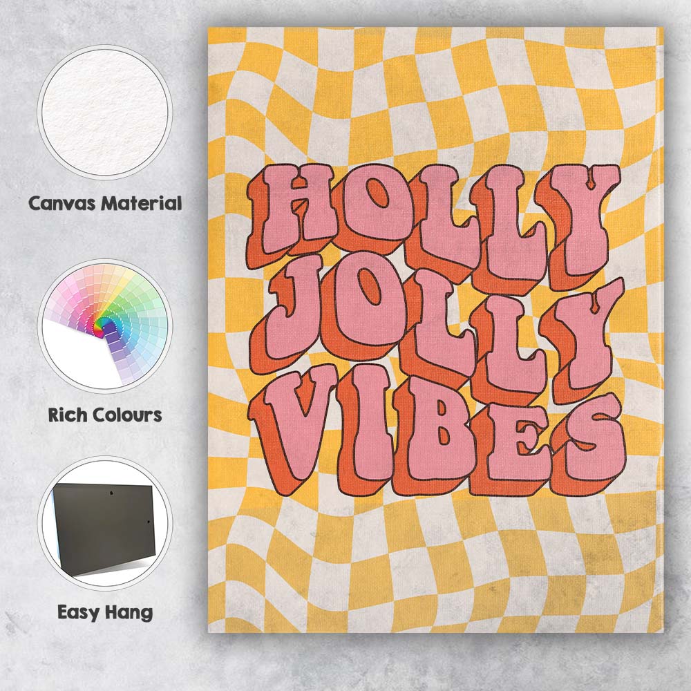 Retro Holly Jolly Vibes Typography Checkerboard Illustration Canvas Wall Art Print Decor Picture Ready to Hang