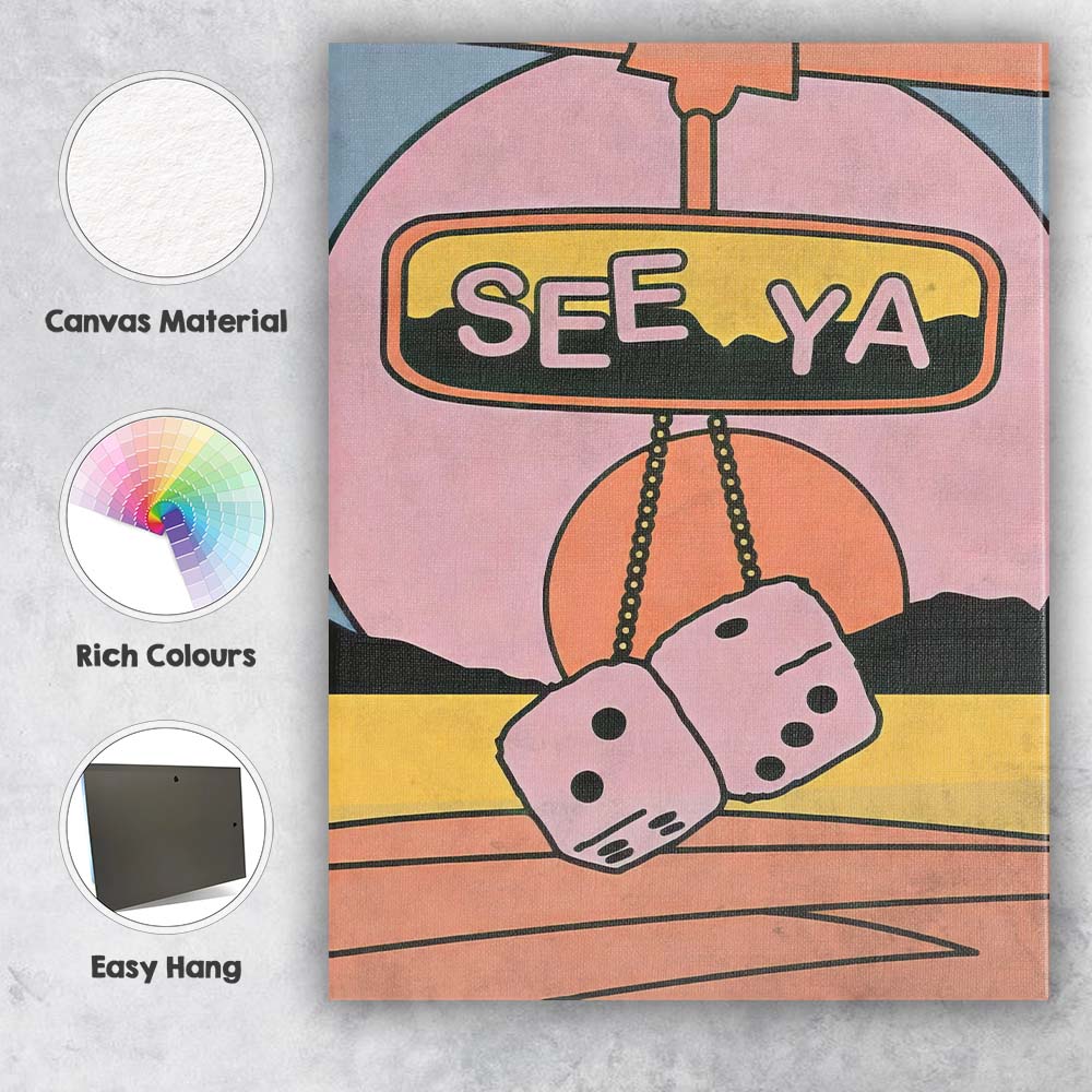 Retro See Ya Hanging Fuzzy Dice Car Mirror Illustration Canvas Wall Art Print Decor Picture Ready to Hang