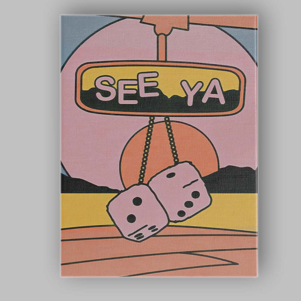 Retro See Ya Hanging Fuzzy Dice Car Mirror Illustration Canvas Wall Art Print Decor Picture Ready to Hang