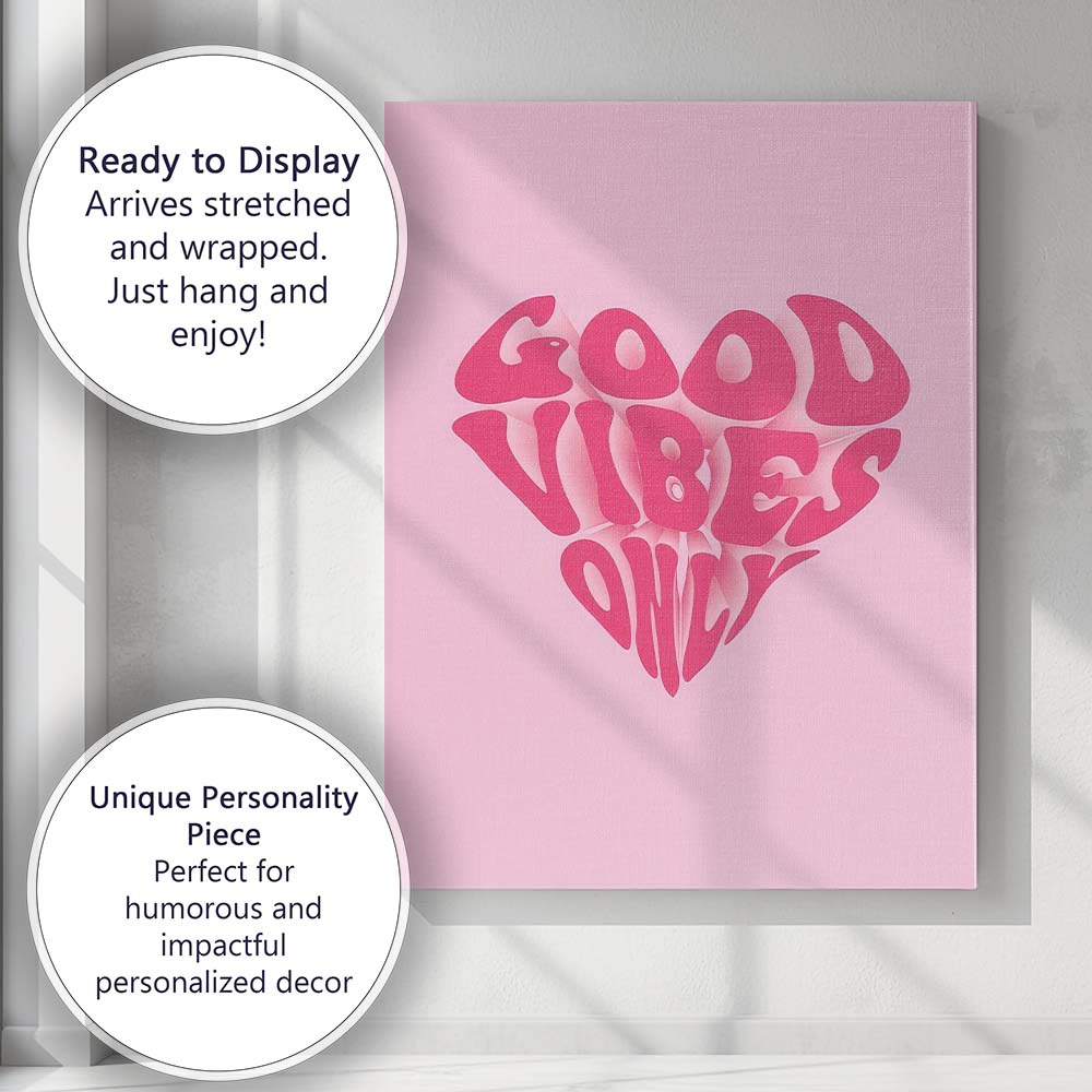 Pink Good Vibes Only Retro Typography Heart Canvas Wall Art Print Decor Picture Ready to Hang