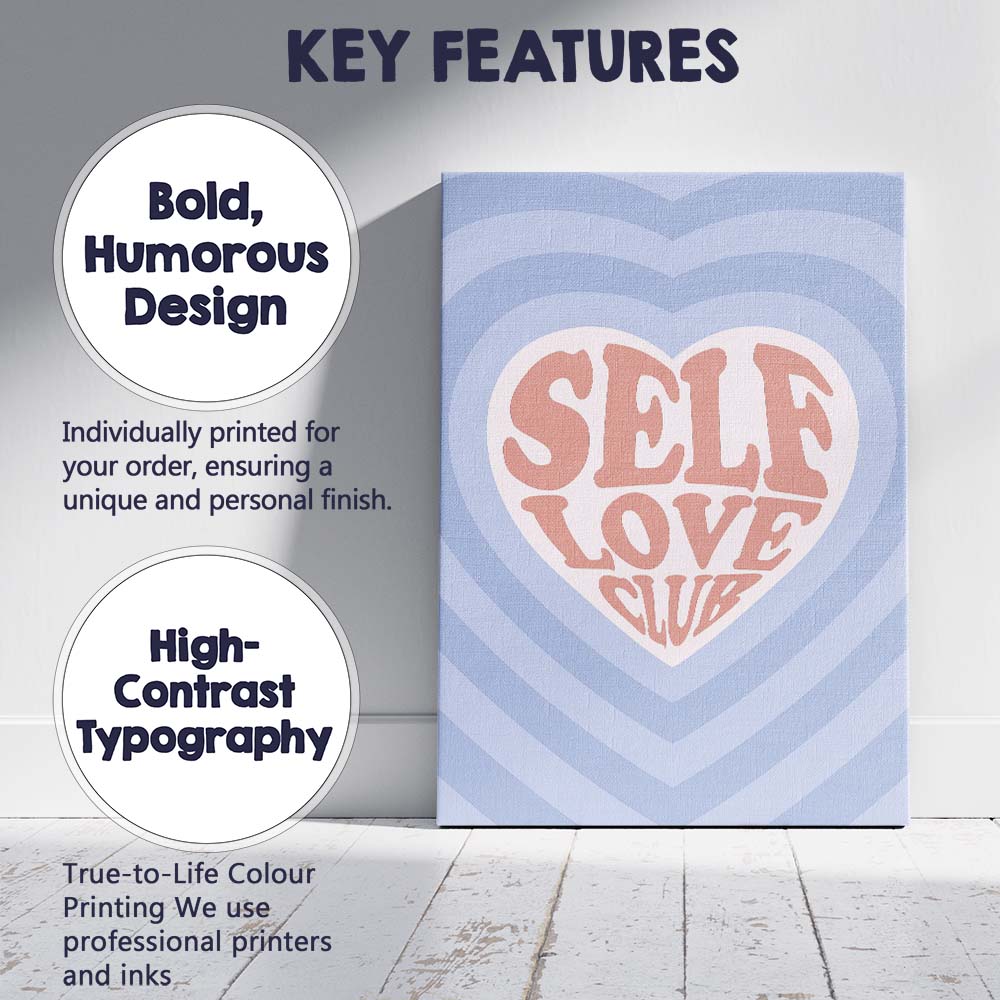 Blue Heart Self Love Retro Typography Illustration Canvas Wall Art Print Decor Picture Ready to Hang