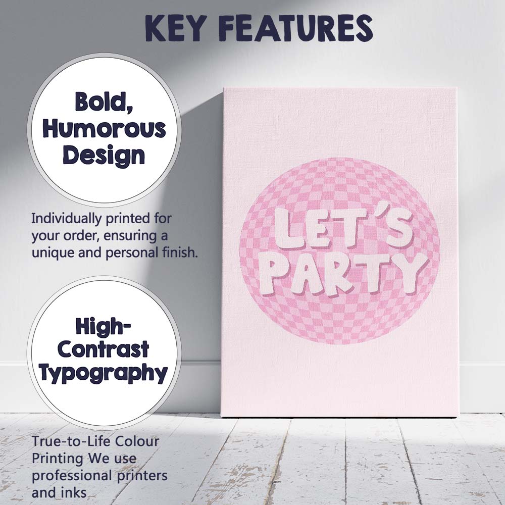 Pink Lets Party Disco Ball Typography Canvas Wall Art Print Decor Picture Ready to Hang