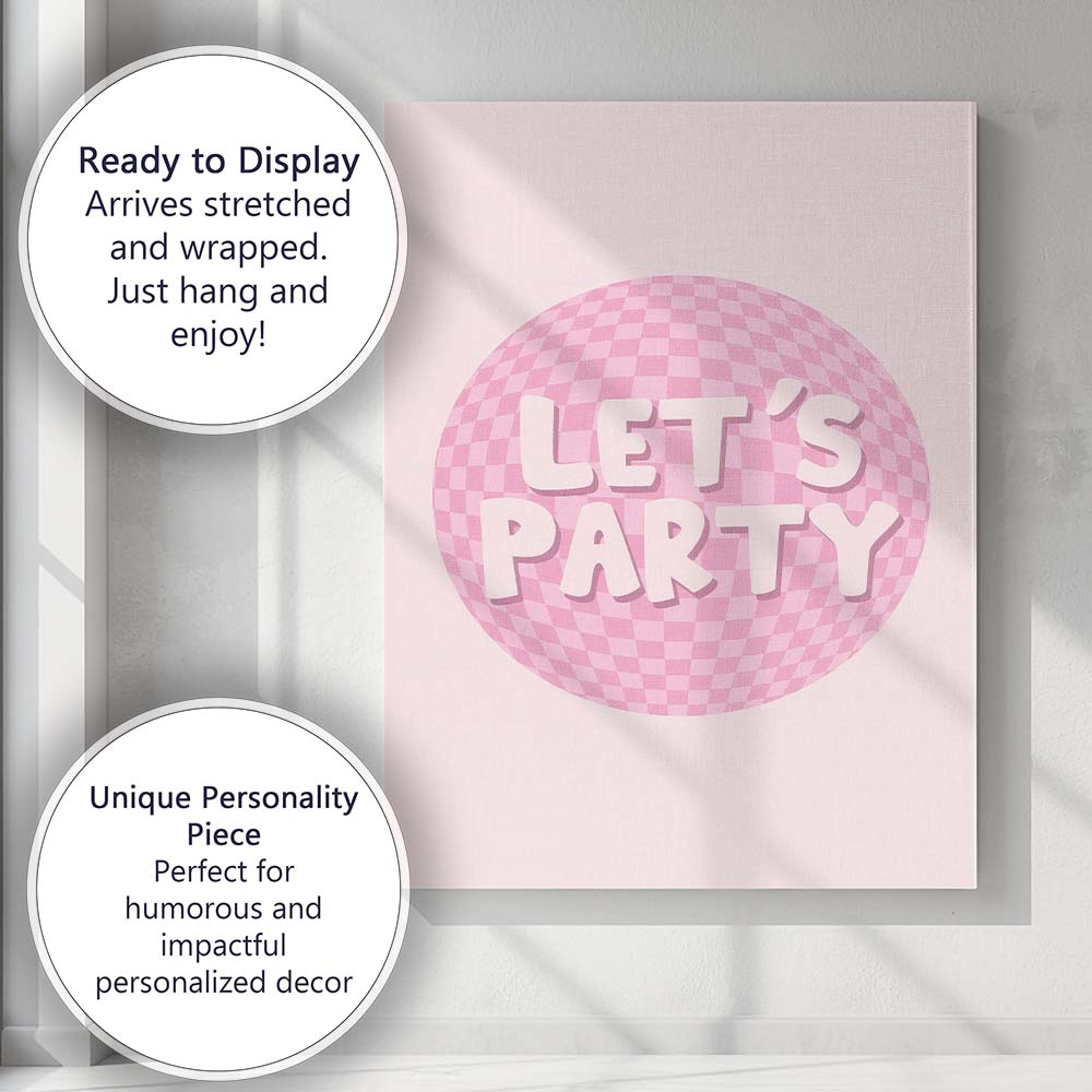 Pink Lets Party Disco Ball Typography Canvas Wall Art Print Decor Picture Ready to Hang