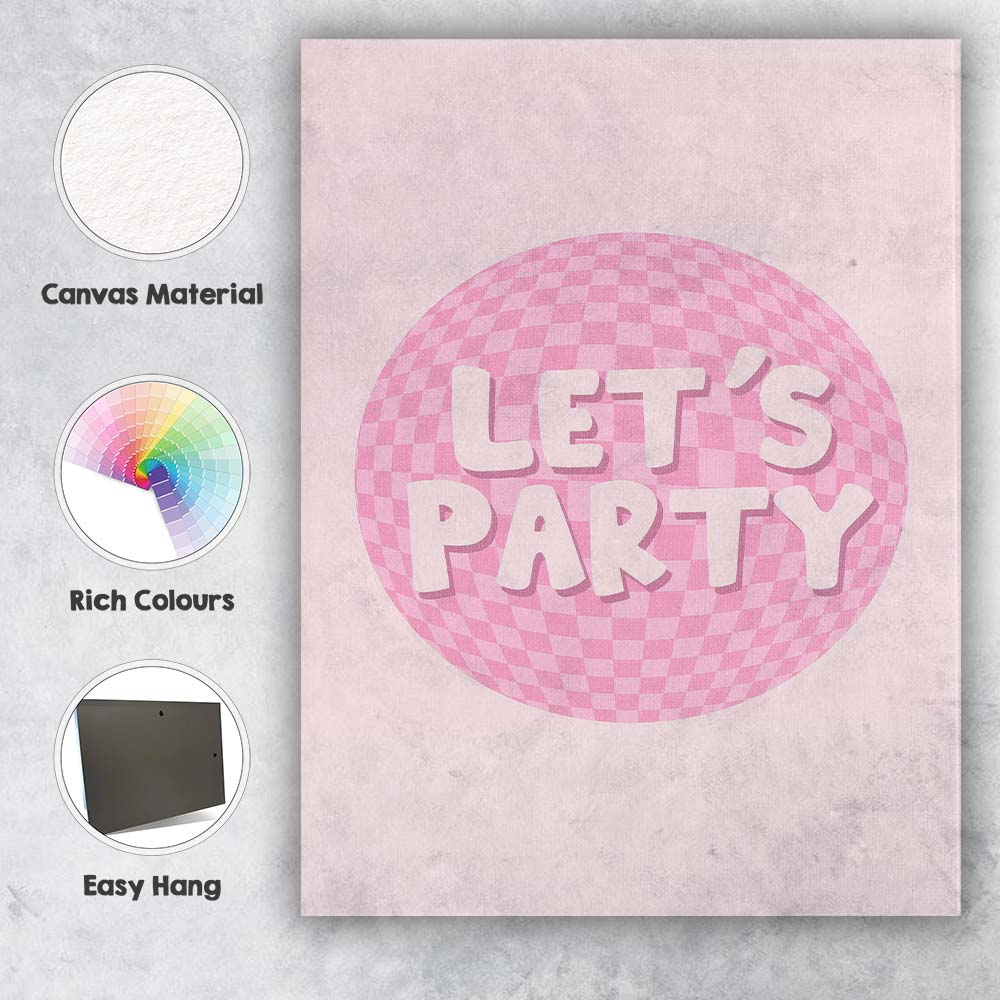 Pink Lets Party Disco Ball Typography Canvas Wall Art Print Decor Picture Ready to Hang