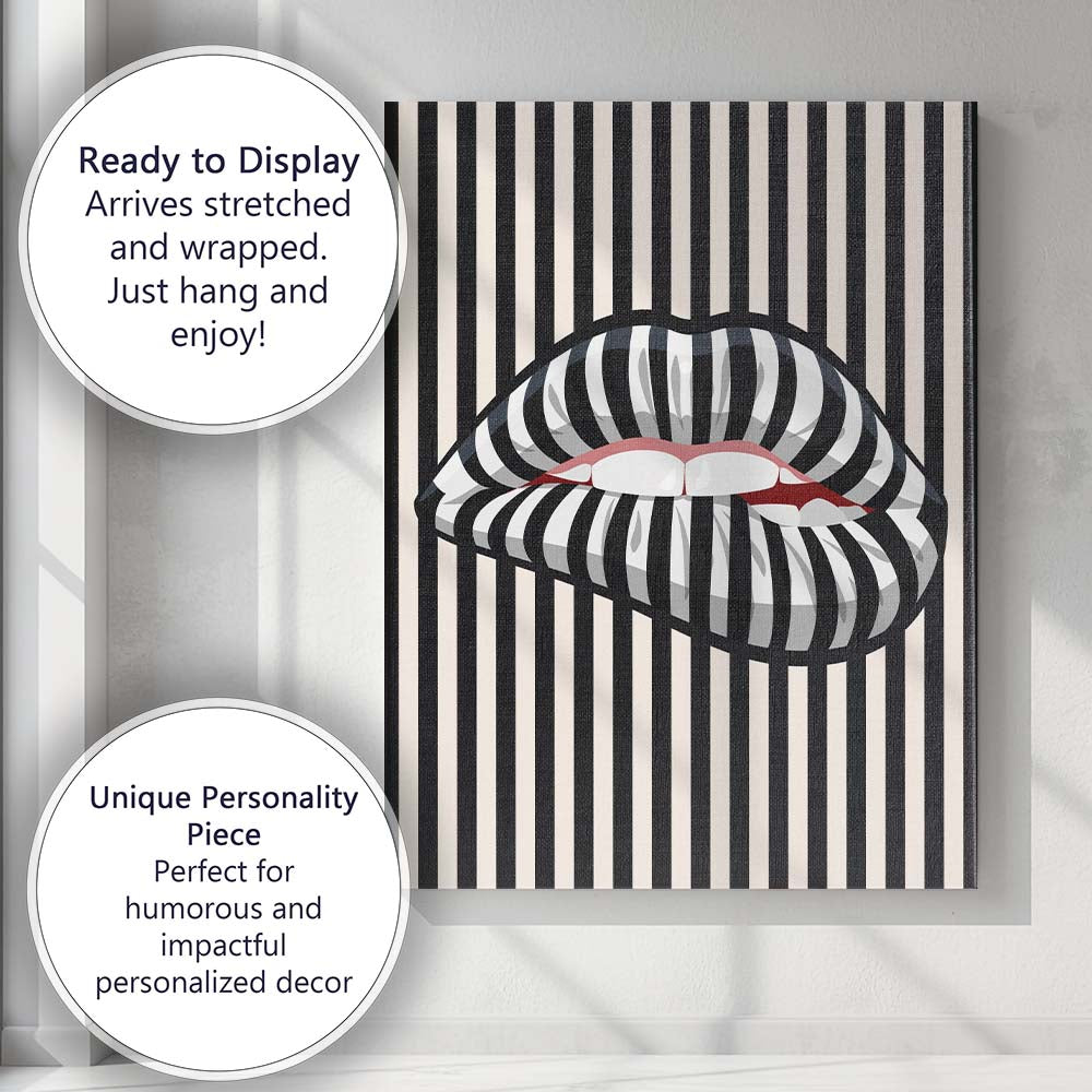 Black White Striped Lips Pop Art Optical Illusion Canvas Wall Art Print Decor Picture Ready to Hang