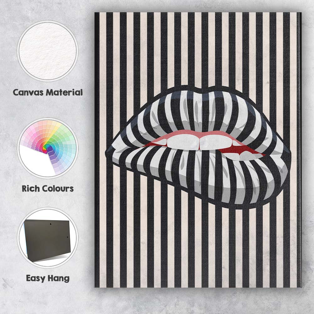 Black White Striped Lips Pop Art Optical Illusion Canvas Wall Art Print Decor Picture Ready to Hang
