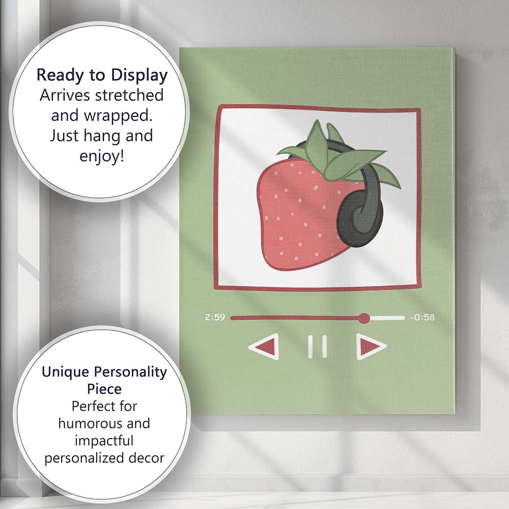 Cute Strawberry Music Player Headphones Whimsical Illustration Canvas Wall Art Print Decor Picture Ready to Hang