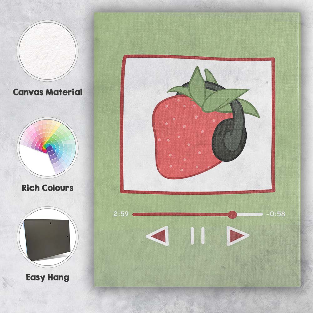 Cute Strawberry Music Player Headphones Whimsical Illustration Canvas Wall Art Print Decor Picture Ready to Hang