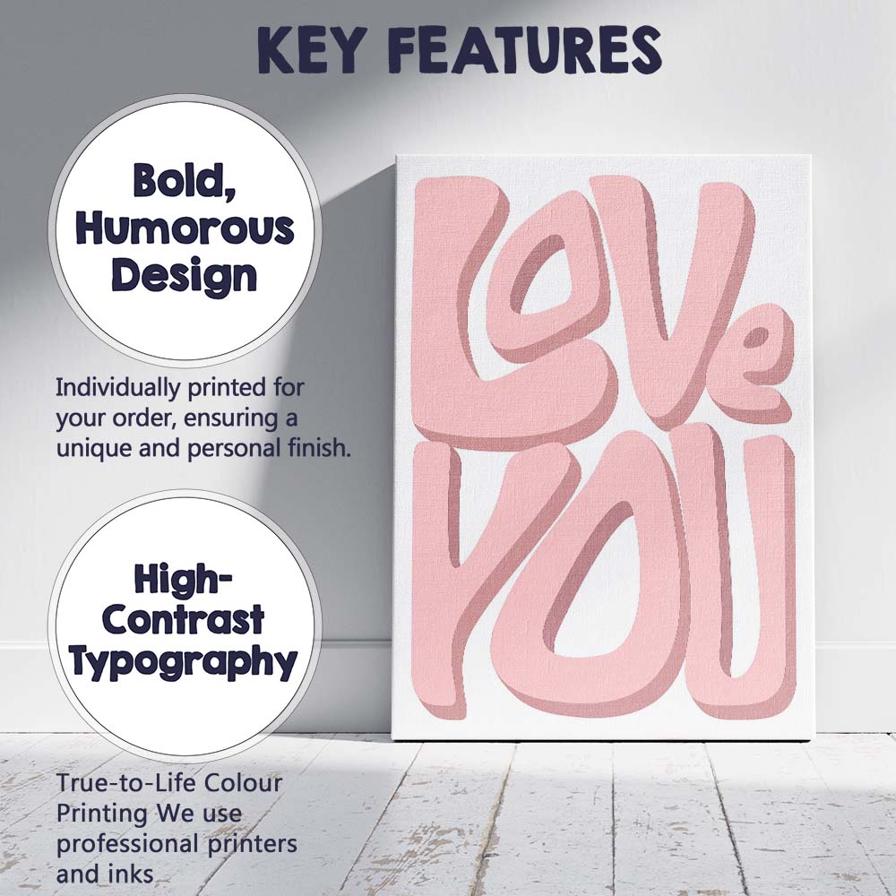 Love You Pink Bold Typography Romantic Quote Canvas Wall Art Print Decor Picture Ready to Hang