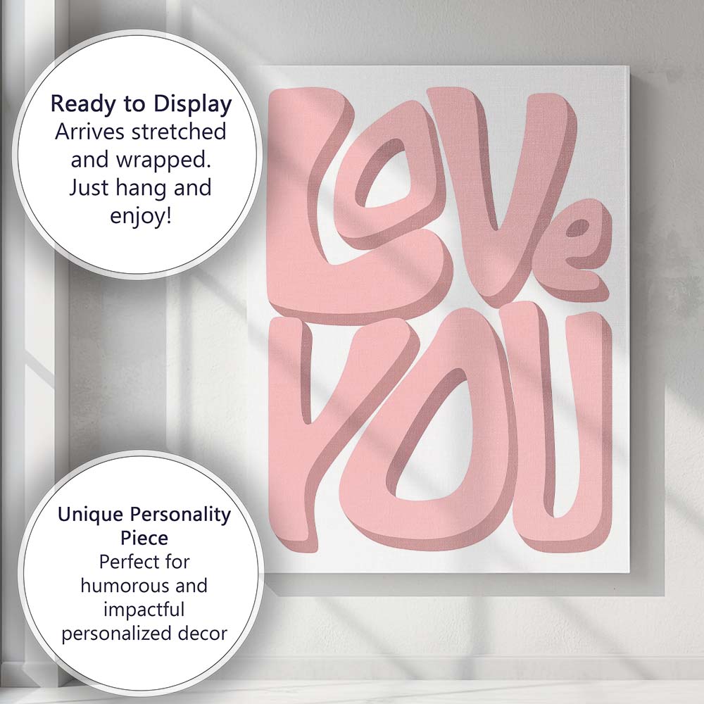 Love You Pink Bold Typography Romantic Quote Canvas Wall Art Print Decor Picture Ready to Hang