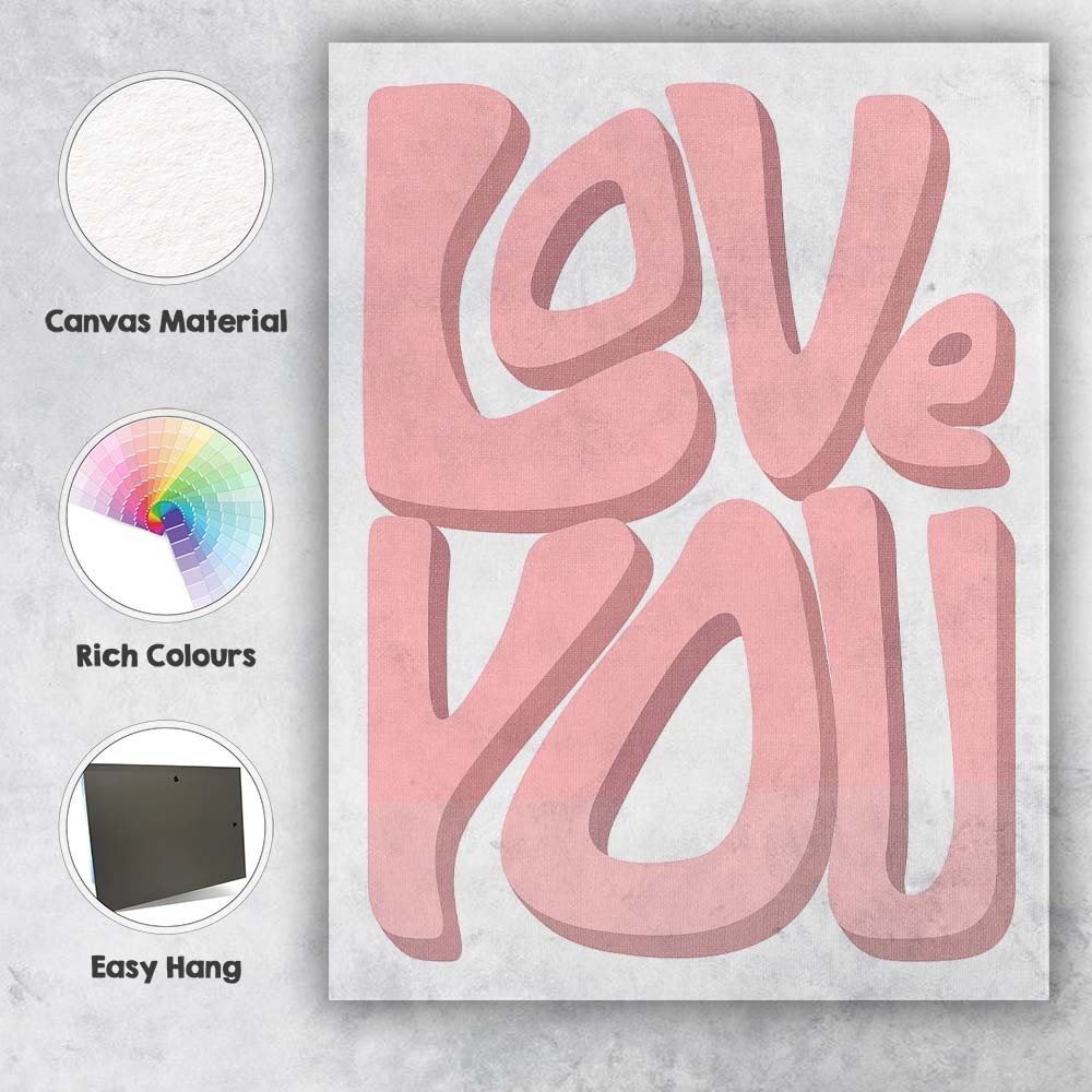 Love You Pink Bold Typography Romantic Quote Canvas Wall Art Print Decor Picture Ready to Hang