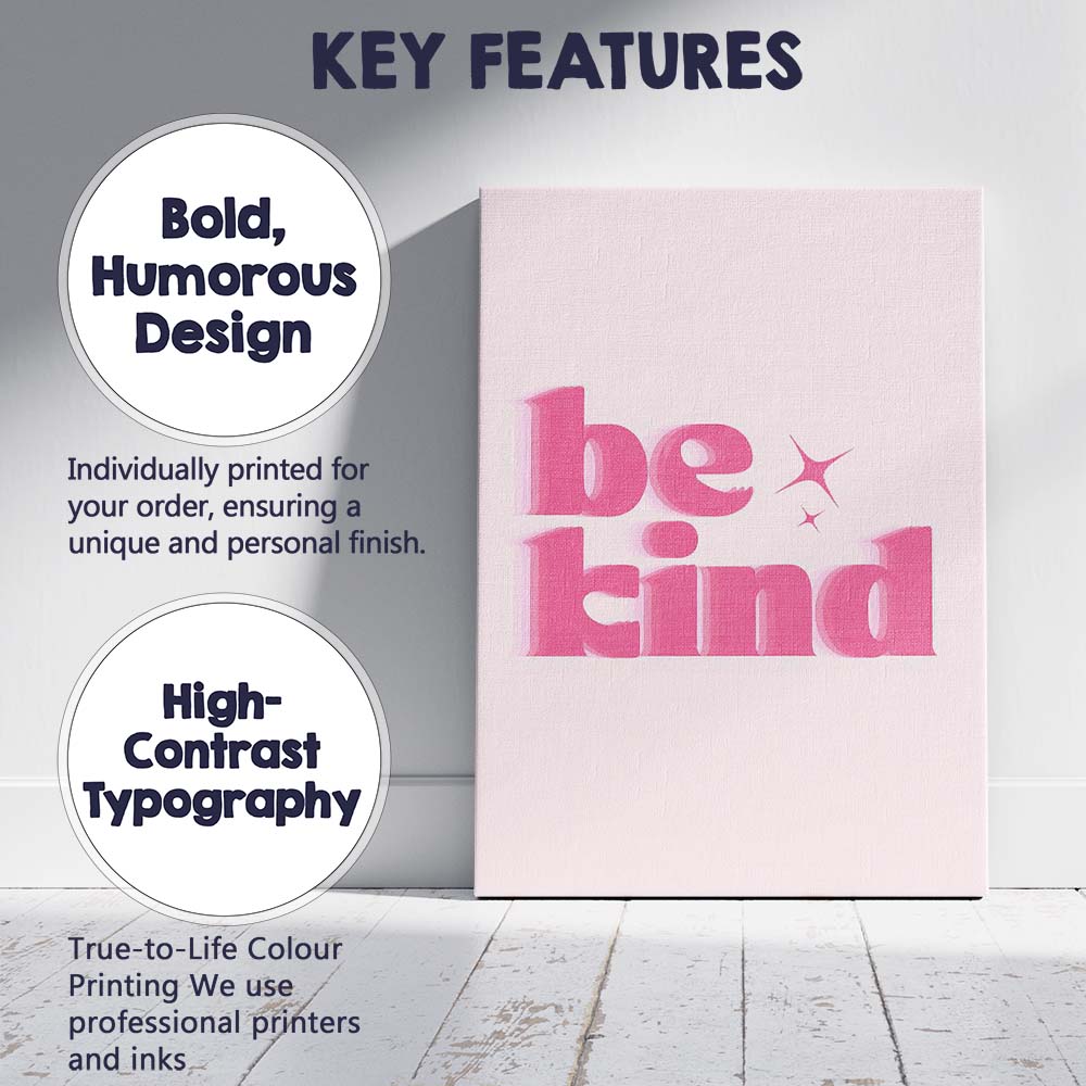 Be Kind Pink Retro Typography Positive Motivational Quote Canvas Wall Art Print Decor Picture Ready to Hang
