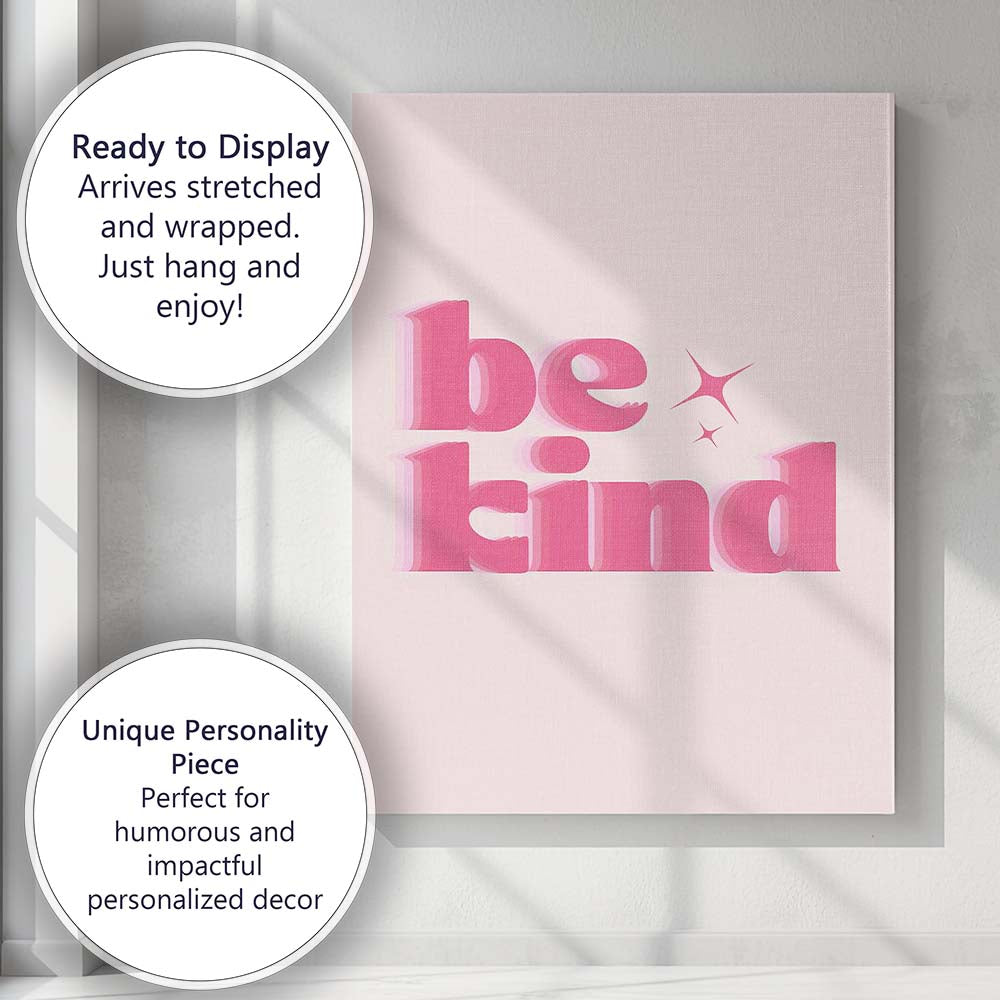 Be Kind Pink Retro Typography Positive Motivational Quote Canvas Wall Art Print Decor Picture Ready to Hang