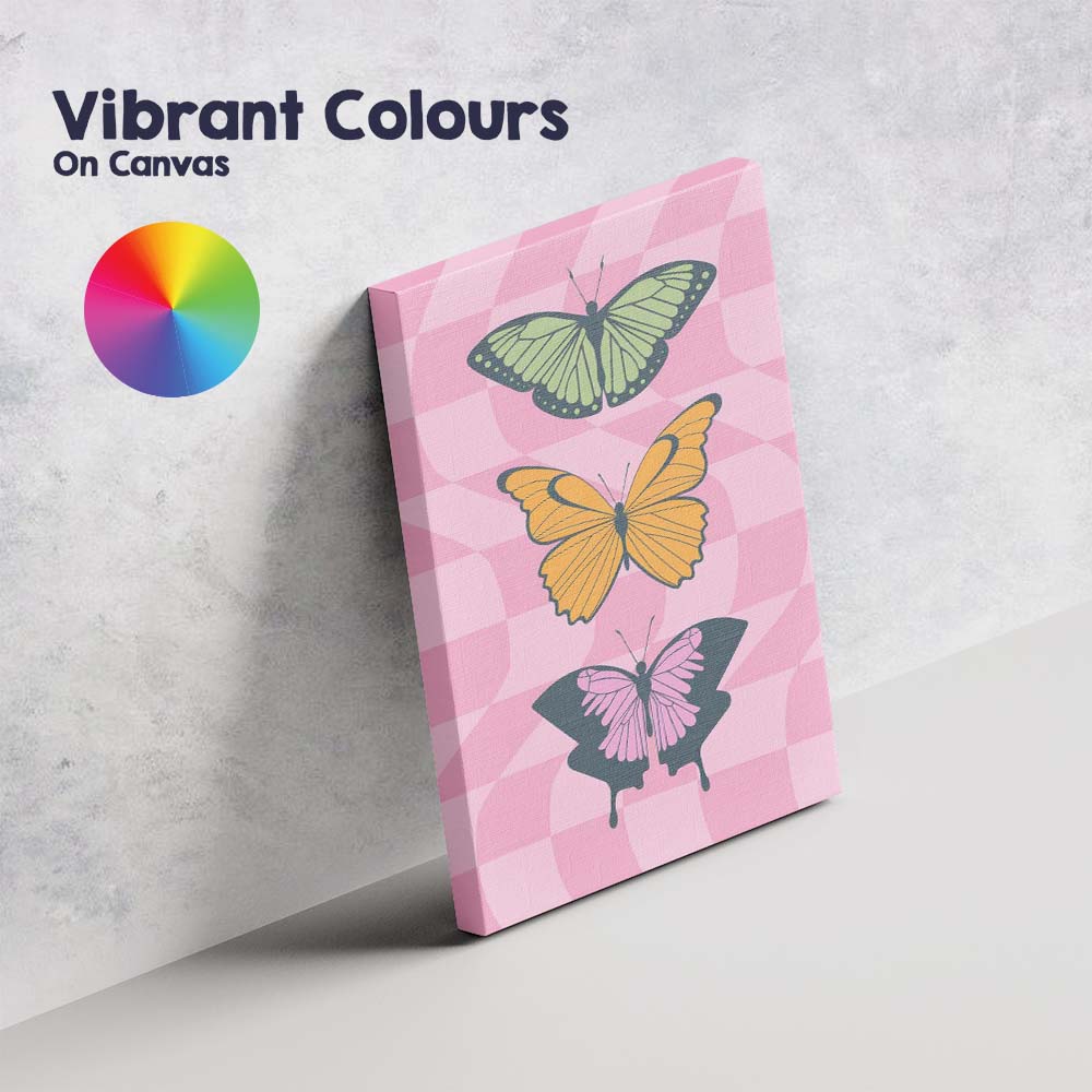 Colourful Butterfly Collection Pink Checkerboard Retro Canvas Wall Art Print Decor Picture Ready to Hang
