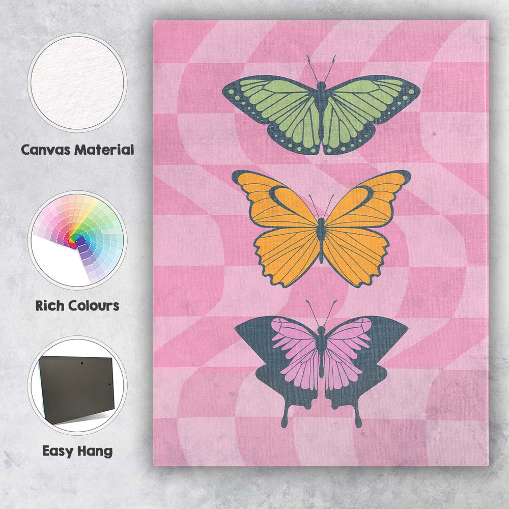 Colourful Butterfly Collection Pink Checkerboard Retro Canvas Wall Art Print Decor Picture Ready to Hang