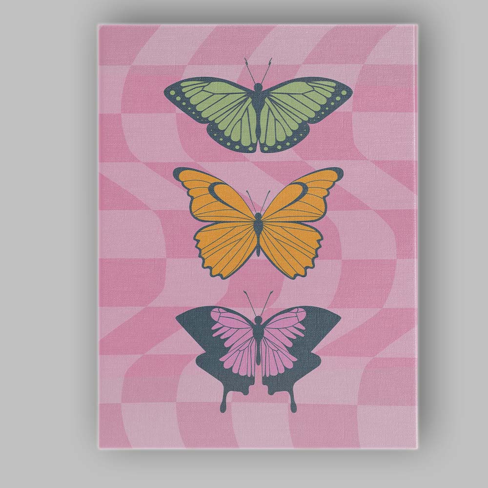 Colourful Butterfly Collection Pink Checkerboard Retro Canvas Wall Art Print Decor Picture Ready to Hang
