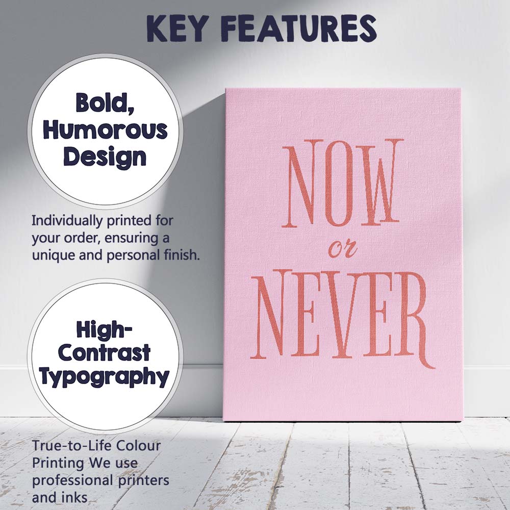 Minimalist Pink Now Or Never Inspirational Typography Canvas Wall Art Print Decor Picture Ready to Hang