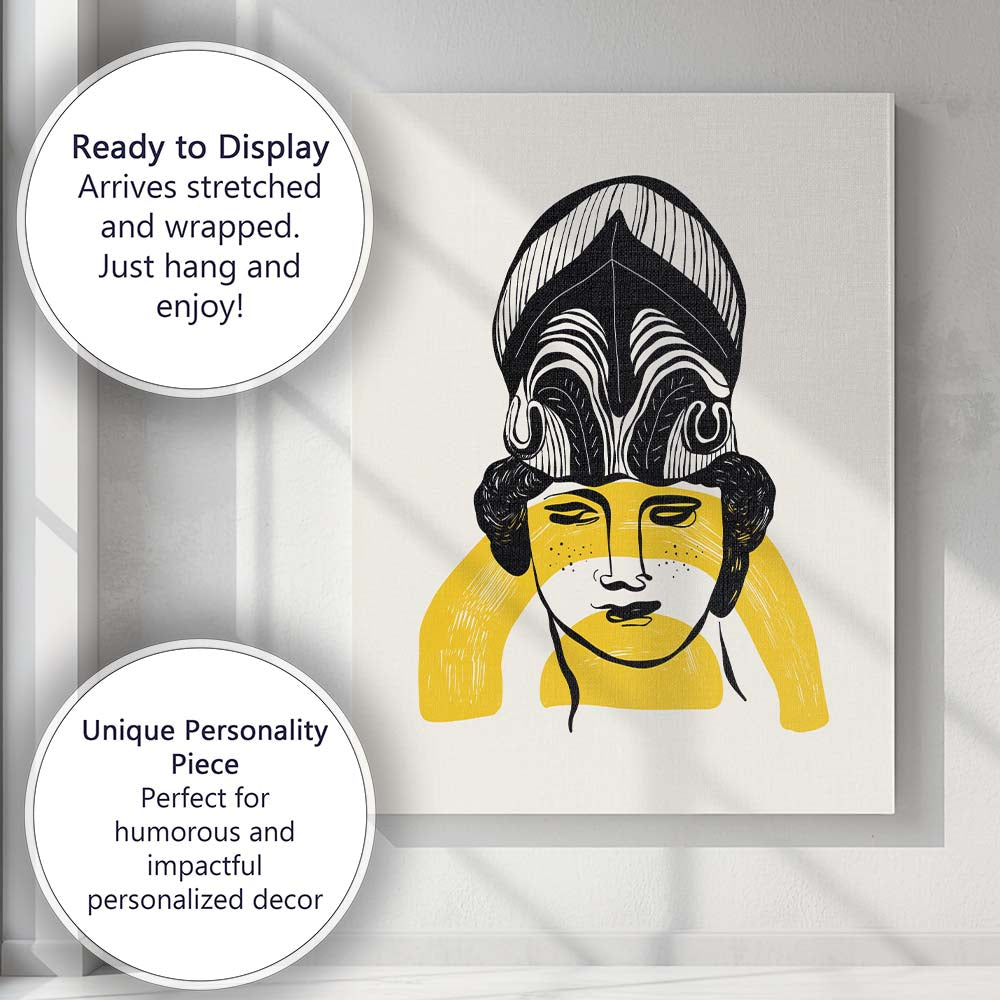Abstract Tribal Face Yellow Black Line Art Portrait Canvas Wall Art Print Decor Picture Ready to Hang