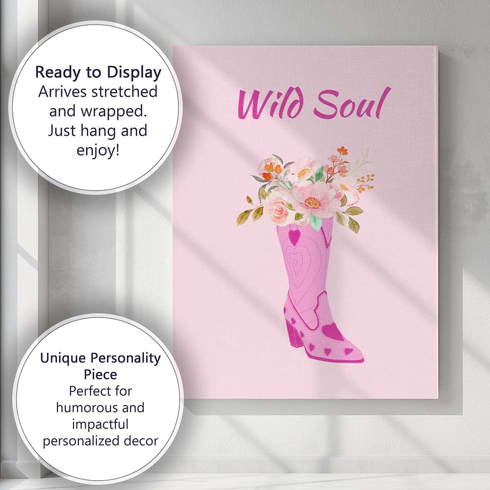 Wild Soul Pink Cowboy Boot Floral Watercolour Canvas Wall Art Print Decor Picture Ready to Hang