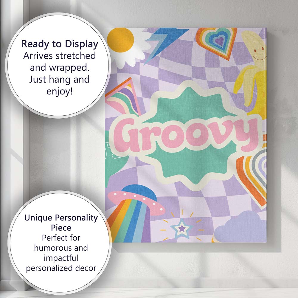 Groovy Retro Rainbow Banana UFO Collage Typography Canvas Wall Art Print Decor Picture Ready to Hang