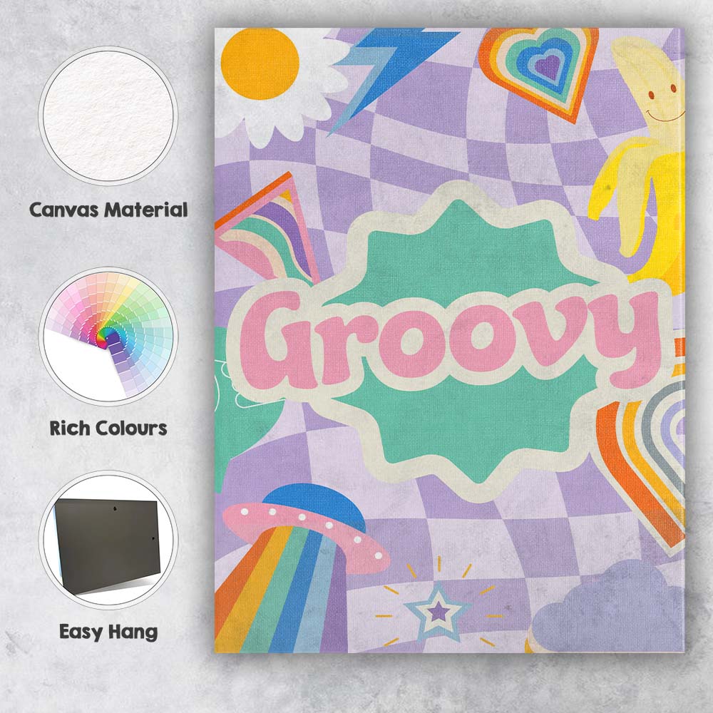 Groovy Retro Rainbow Banana UFO Collage Typography Canvas Wall Art Print Decor Picture Ready to Hang