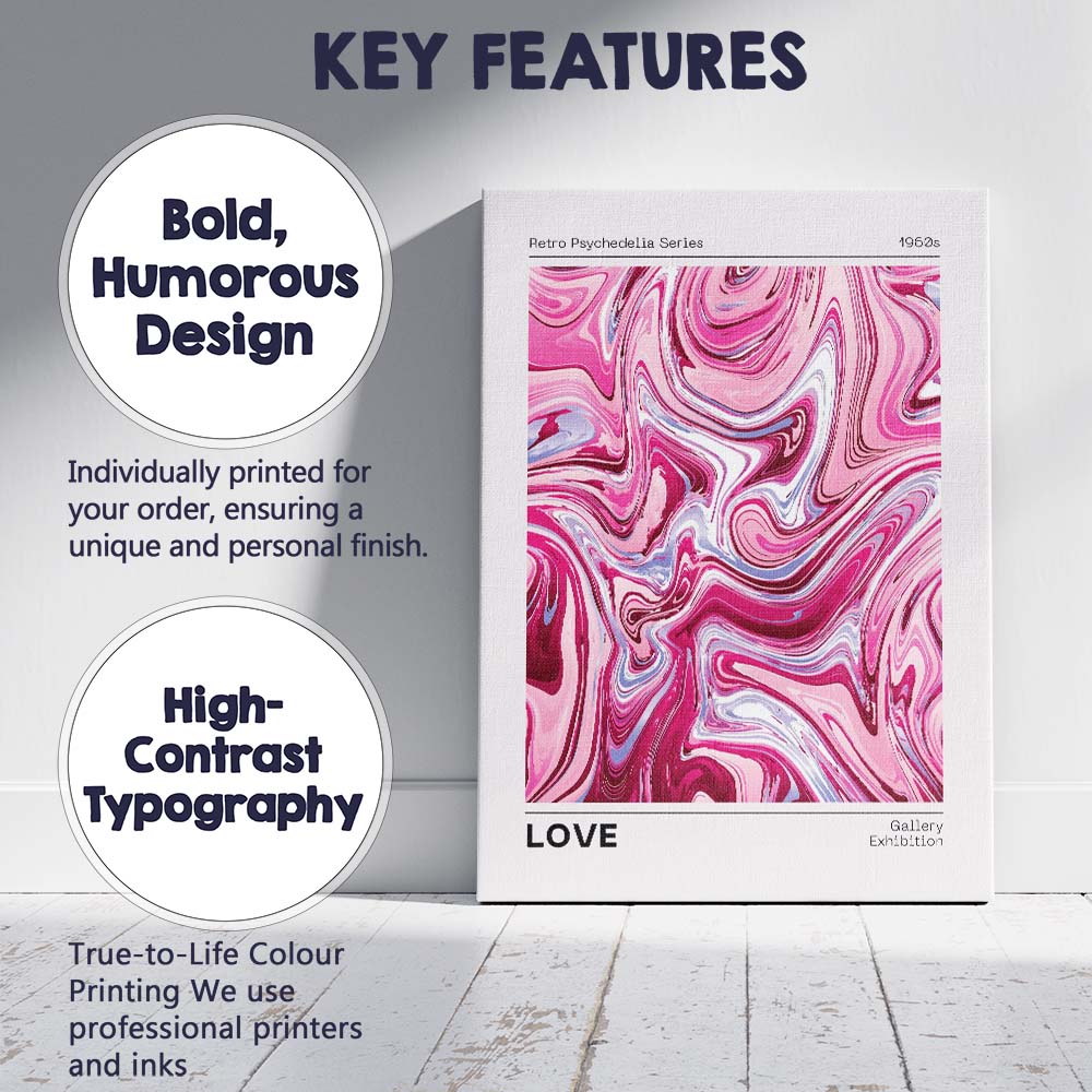 Retro Pink Psychedelic Marble Abstract Swirl Love Canvas Wall Art Print Decor Picture Ready to Hang