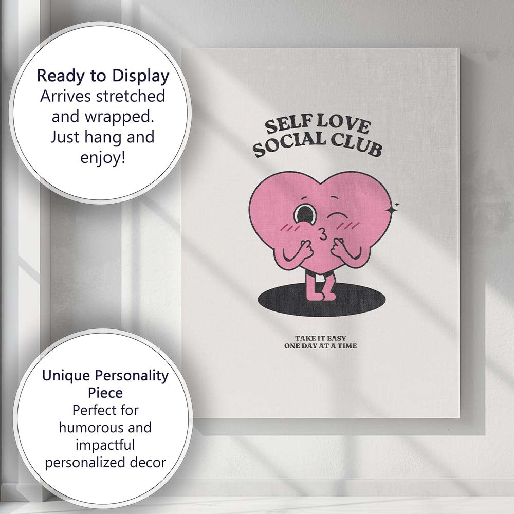 Cute Pink Heart Self Love Social Club Typography Canvas Wall Art Print Decor Picture Ready to Hang