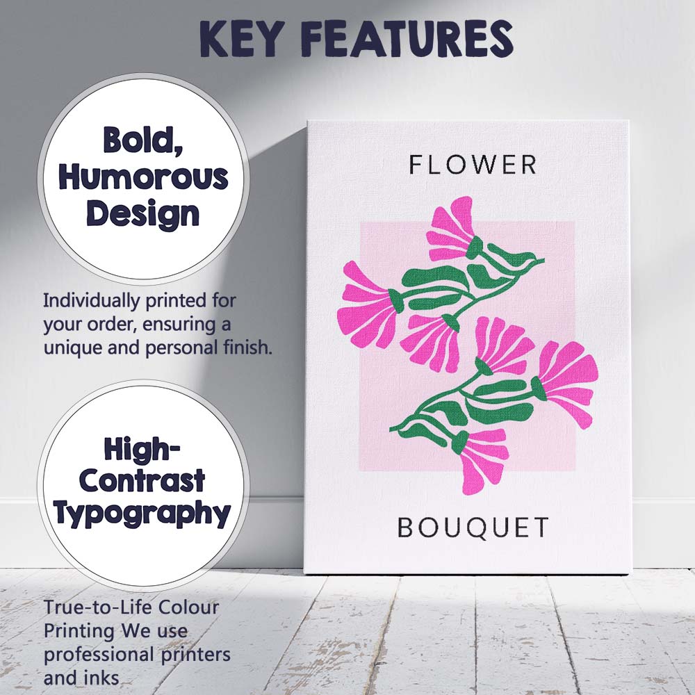Modern Pink Floral Bouquet Minimal Botanical Canvas Wall Art Print Decor Picture Ready to Hang