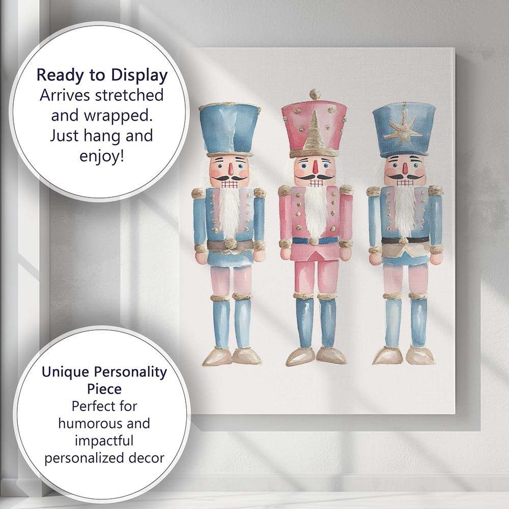 Pastel Watercolour Christmas Nutcracker Trio Festive Holiday Illustration Canvas Wall Art Print Decor Picture Ready to Hang