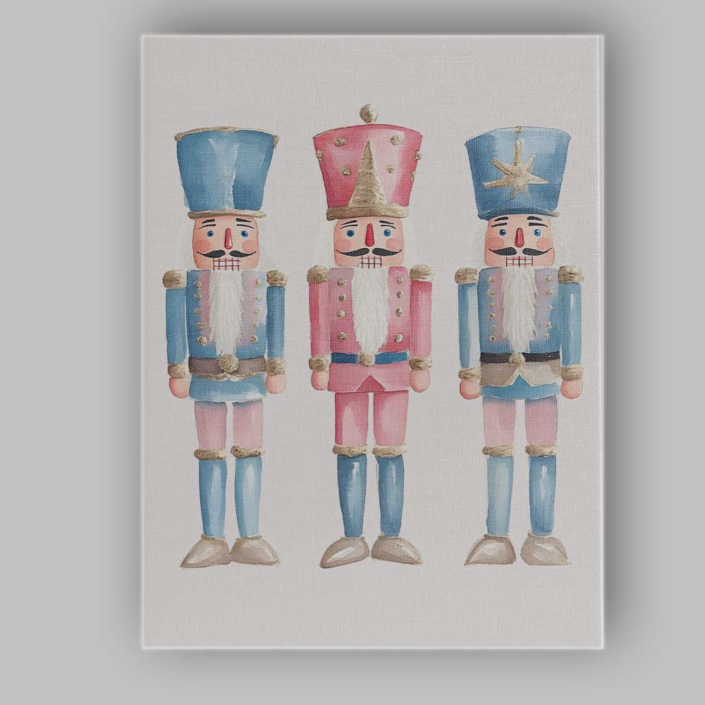 Pastel Watercolour Christmas Nutcracker Trio Festive Holiday Illustration Canvas Wall Art Print Decor Picture Ready to Hang