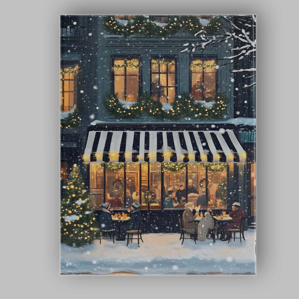 Cosy Snowy Christmas Cafe Festive Winter Street Evening Painting Canvas Wall Art Print Decor Picture Ready to Hang