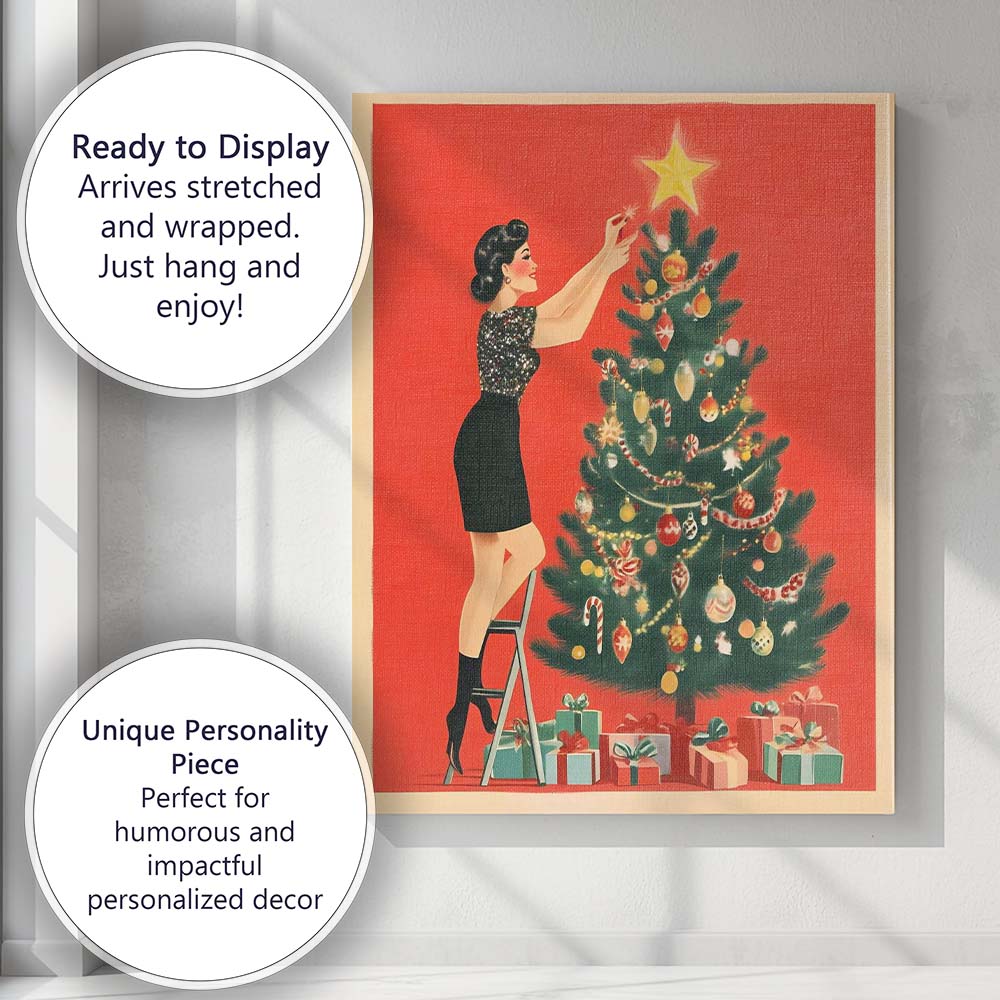 Retro Woman Decorating Christmas Tree Festive Mid Century Holiday Illustration Canvas Wall Art Print Decor Picture Ready to Hang
