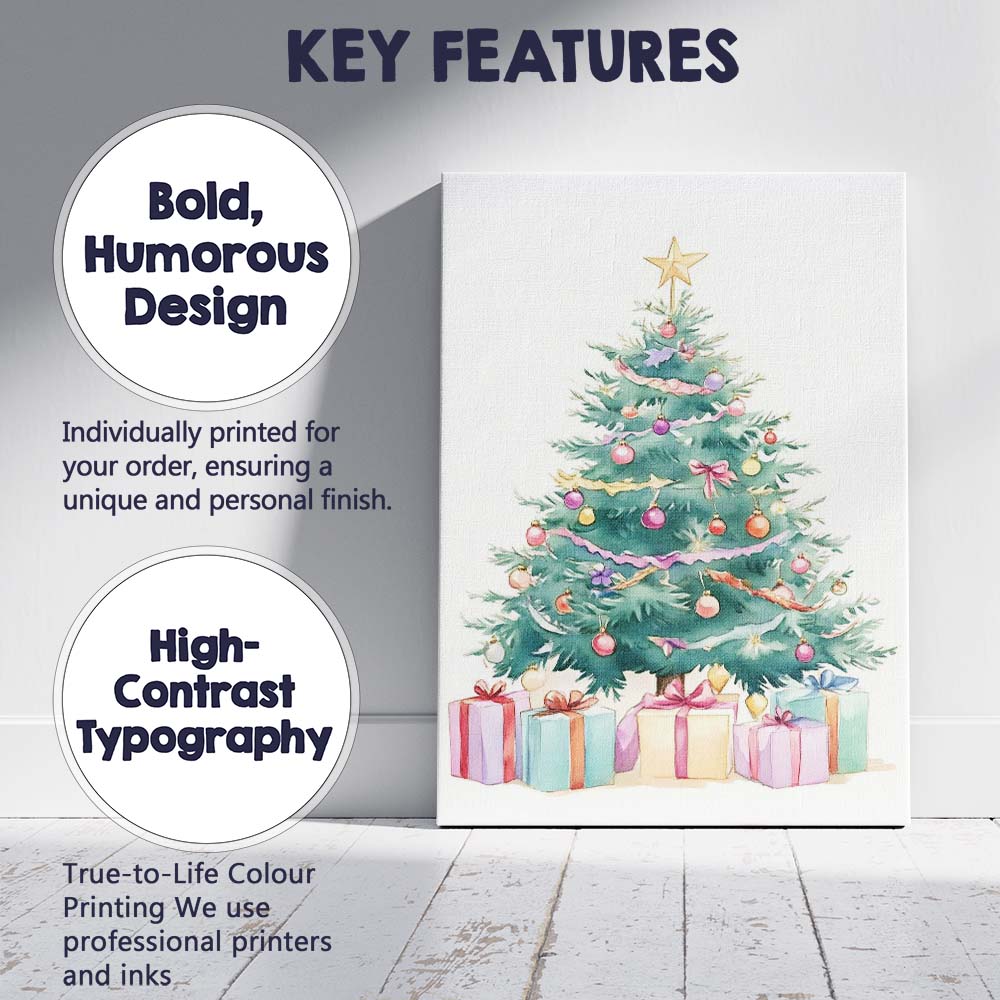 Pastel Watercolour Decorated Christmas Tree With Wrapped Gifts Illustration Canvas Wall Art Print Decor Picture Ready to Hang
