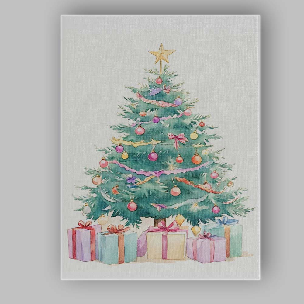 Pastel Watercolour Decorated Christmas Tree With Wrapped Gifts Illustration Canvas Wall Art Print Decor Picture Ready to Hang