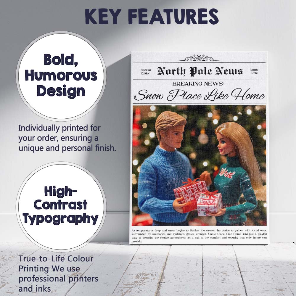 North Pole News Snow Place Like Home Christmas Couple Poster Canvas Wall Art Print Decor Picture Ready to Hang