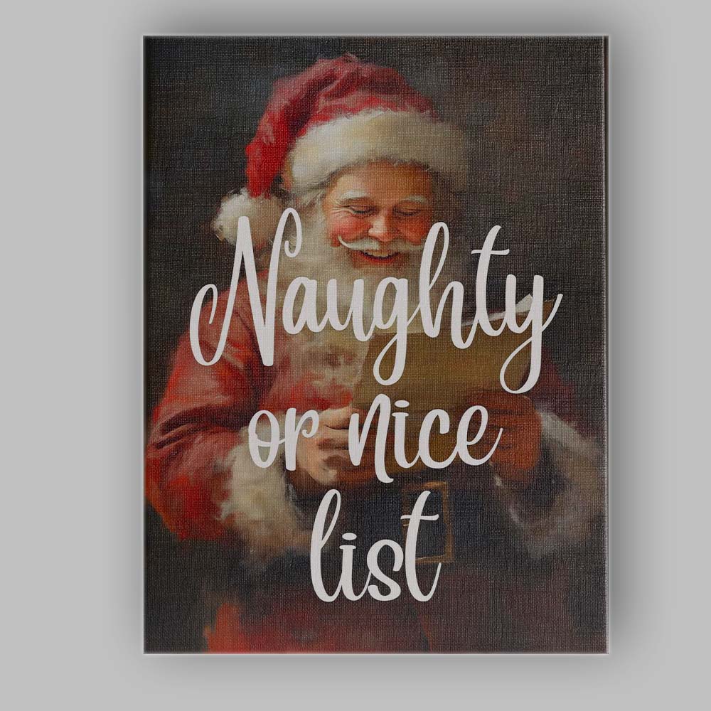Naughty Or Nice List Smiling Santa Christmas Typography Canvas Wall Art Print Decor Picture Ready to Hang