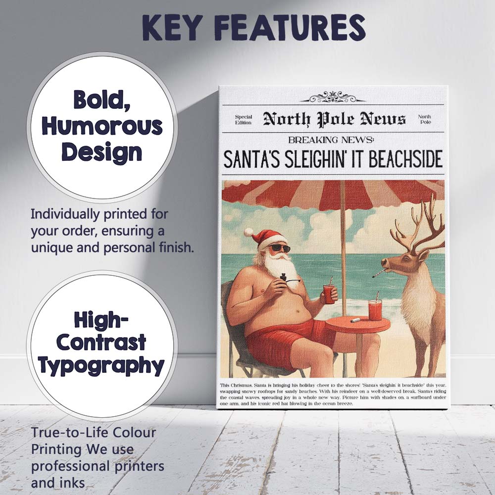 North Pole News Santas Sleighin It Beachside Funny Christmas Newspaper Canvas Wall Art Print Decor Picture Ready to Hang