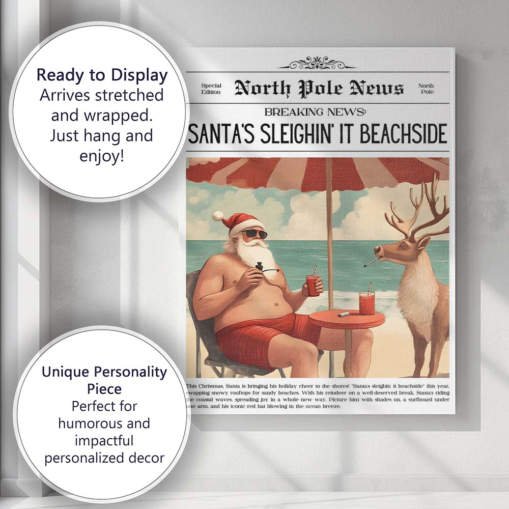 North Pole News Santas Sleighin It Beachside Funny Christmas Newspaper Canvas Wall Art Print Decor Picture Ready to Hang