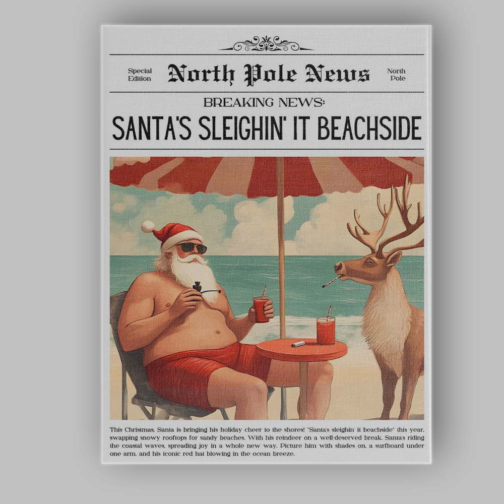 North Pole News Santas Sleighin It Beachside Funny Christmas Newspaper Canvas Wall Art Print Decor Picture Ready to Hang