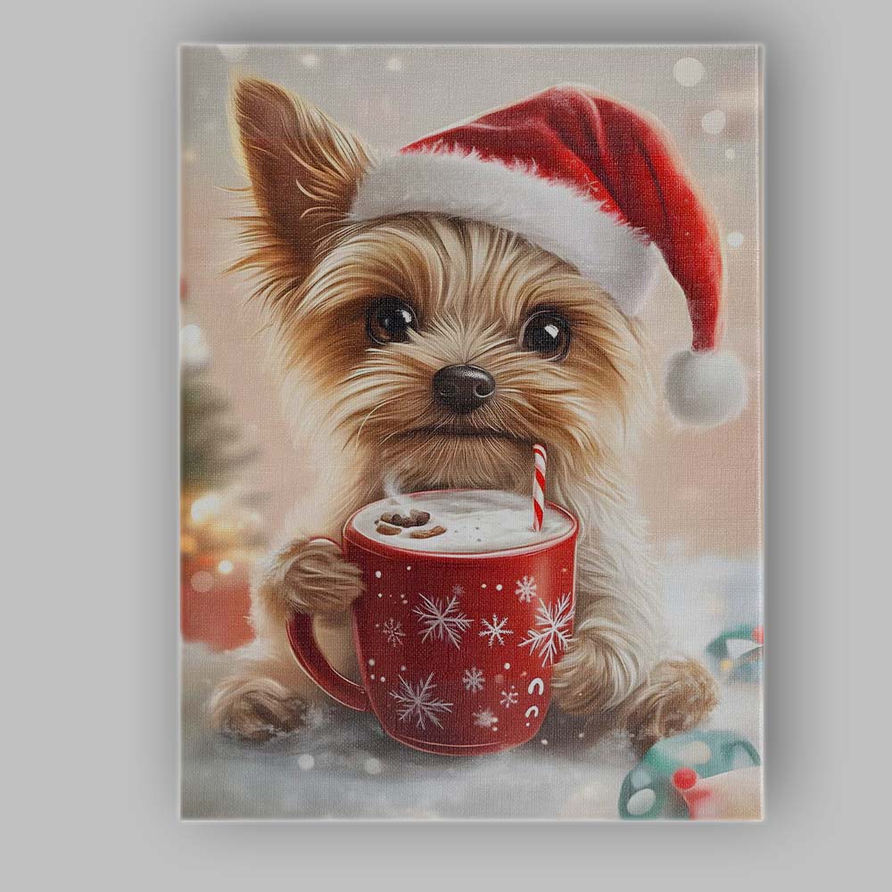 Cute Yorkshire Terrier Santa Hat Hot Chocolate Christmas Illustration Canvas Wall Art Print Decor Picture Ready to Hang