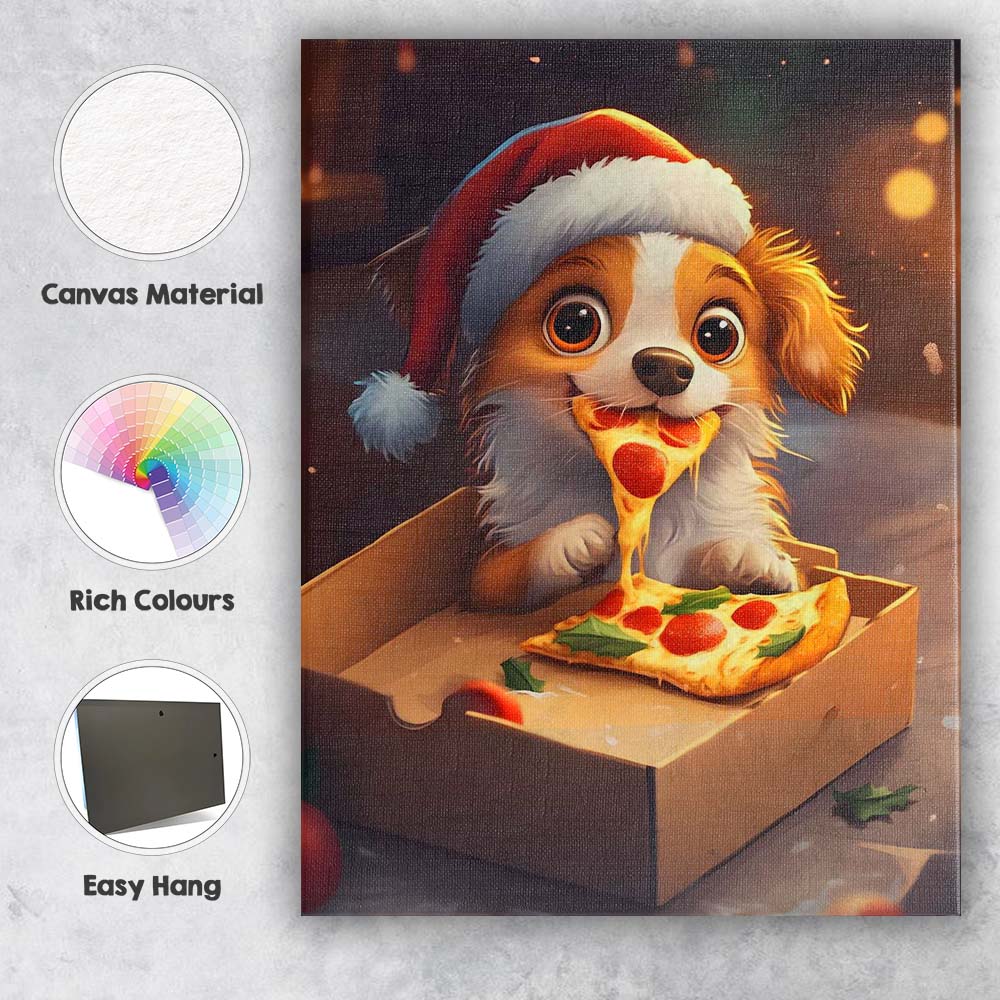 Cute Christmas Puppy Eating Pepperoni Pizza Santa Hat Illustration Canvas Wall Art Print Decor Picture Ready to Hang