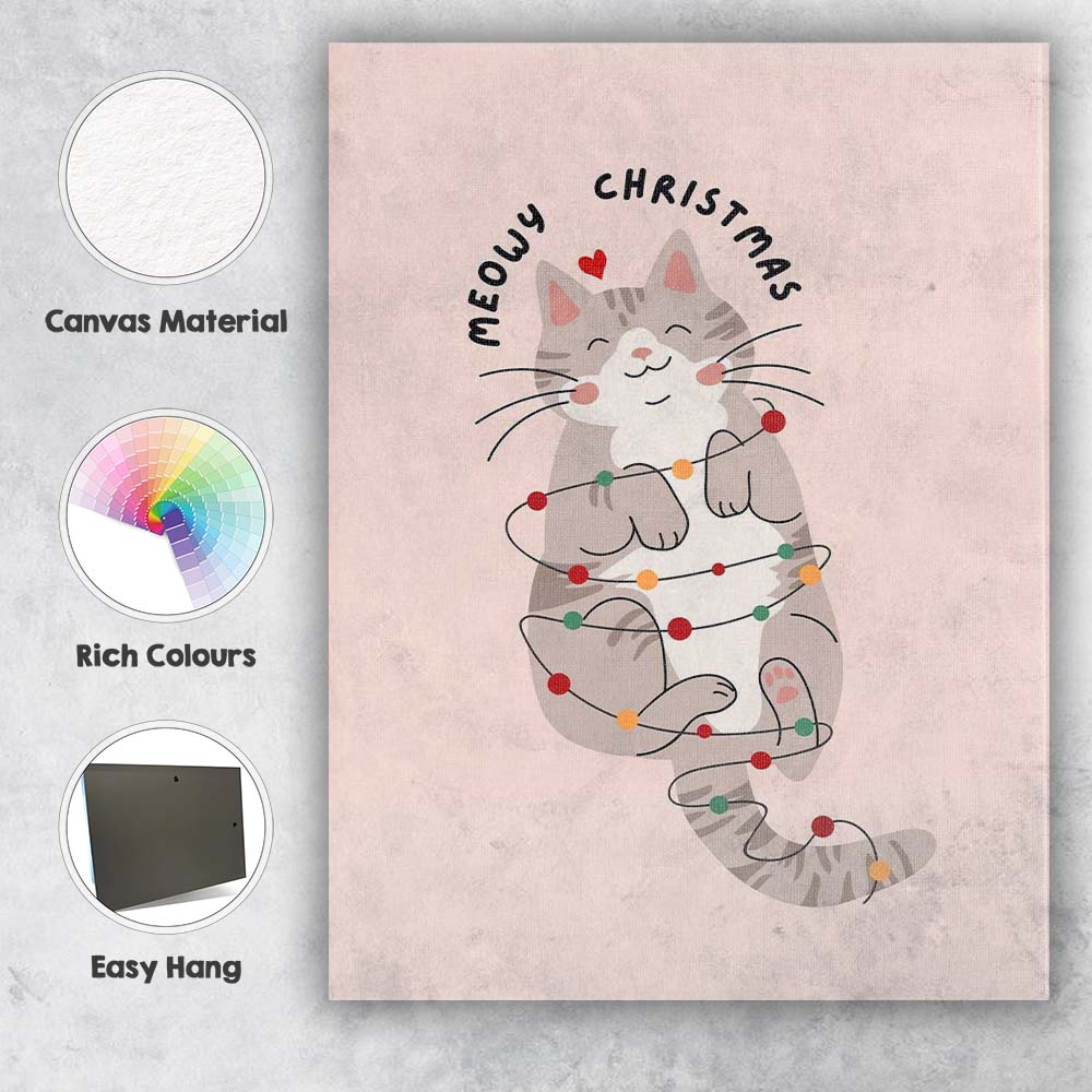 Cute Meowy Christmas Cat Wrapped In Festive Fairy Lights Illustration Canvas Wall Art Print Decor Picture Ready to Hang