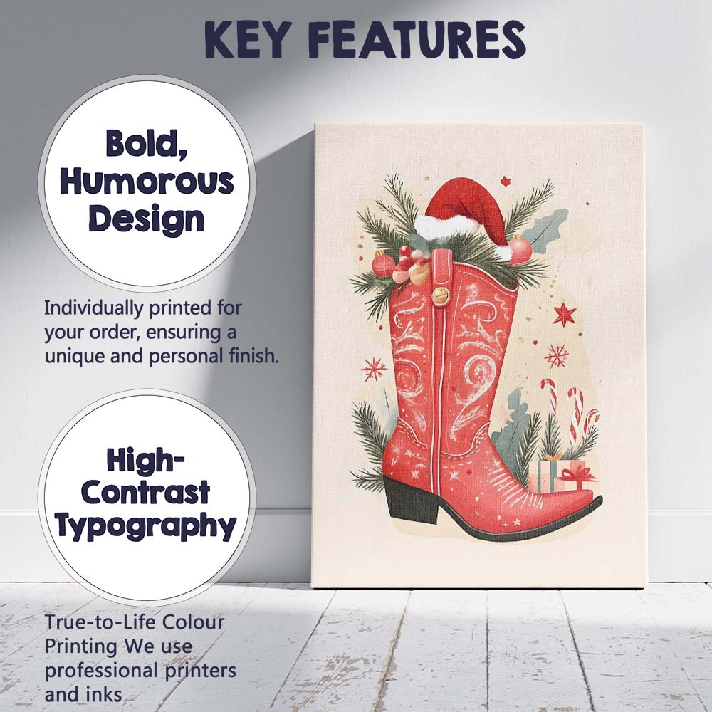 Red Christmas Cowboy Boot With Pine Branches Festive Holiday Illustration Canvas Wall Art Print Decor Picture Ready to Hang