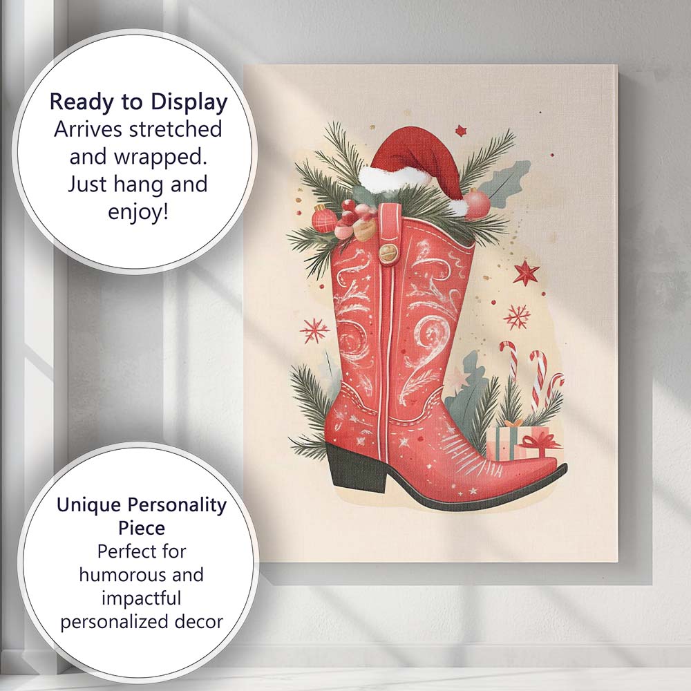 Red Christmas Cowboy Boot With Pine Branches Festive Holiday Illustration Canvas Wall Art Print Decor Picture Ready to Hang