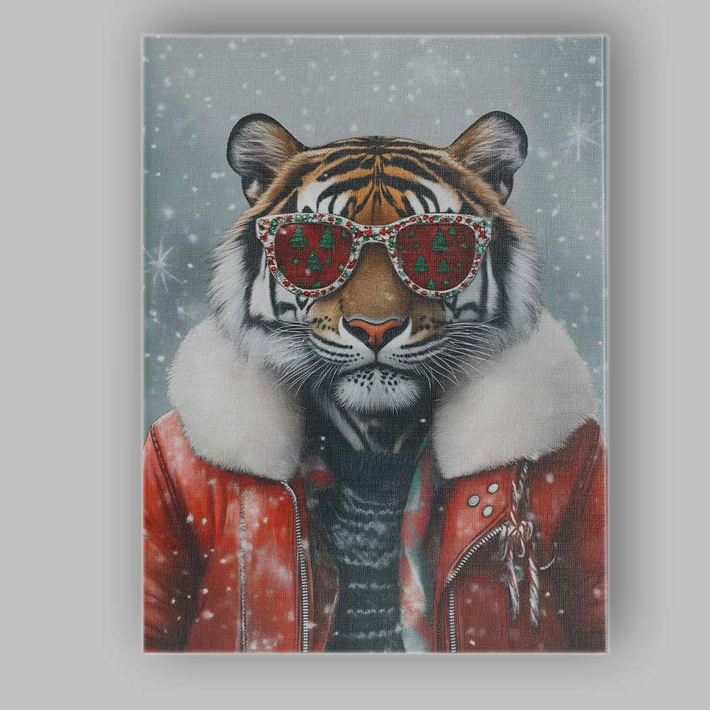 Stylish Christmas Tiger Wearing Festive Sunglasses Winter Portrait Canvas Wall Art Print Decor Picture Ready to Hang
