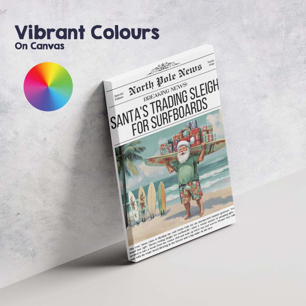 North Pole News Santas Trading Sleighs For Surfboards Funny Christmas Newspaper Canvas Wall Art Print Decor Picture Ready to Hang