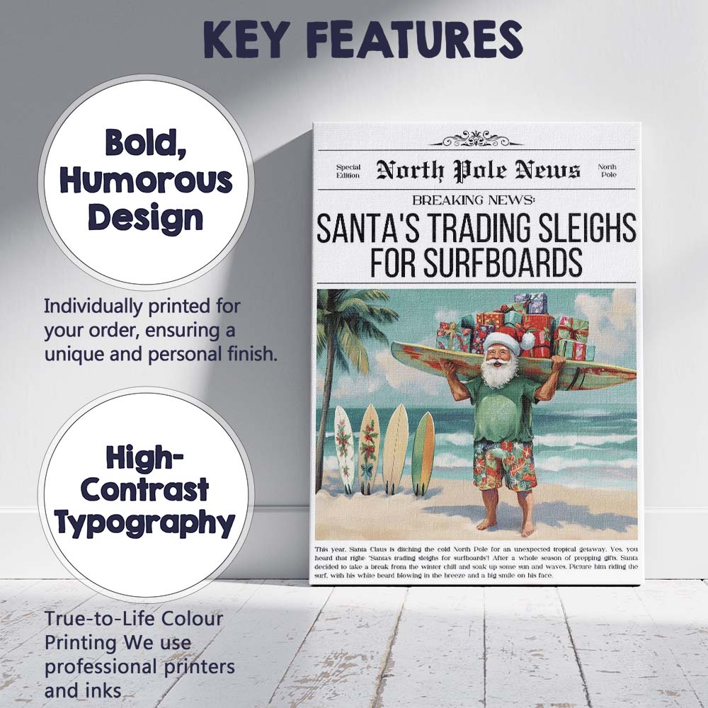 North Pole News Santas Trading Sleighs For Surfboards Funny Christmas Newspaper Canvas Wall Art Print Decor Picture Ready to Hang