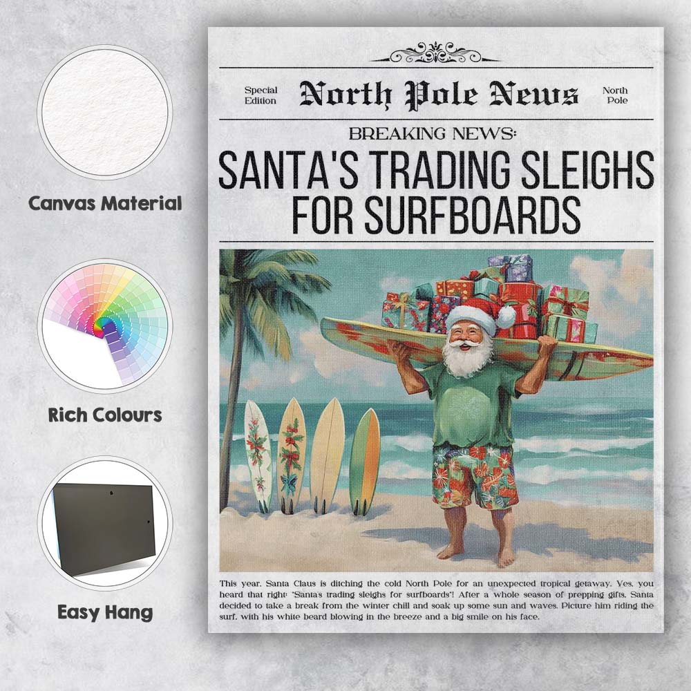North Pole News Santas Trading Sleighs For Surfboards Funny Christmas Newspaper Canvas Wall Art Print Decor Picture Ready to Hang