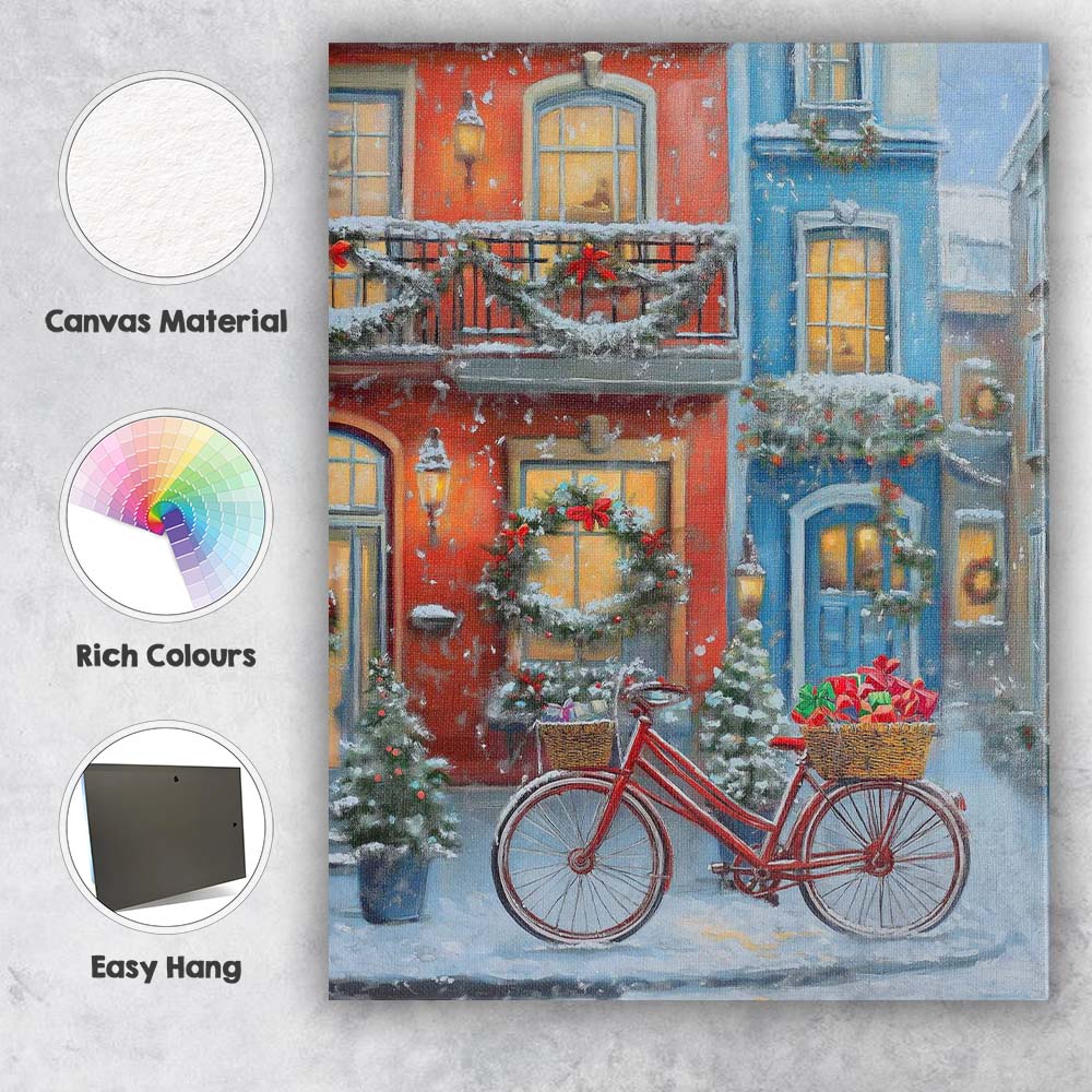 Snowy Christmas Street Red Bicycle Gift Basket Winter Village Canvas Wall Art Print Decor Picture Ready to Hang