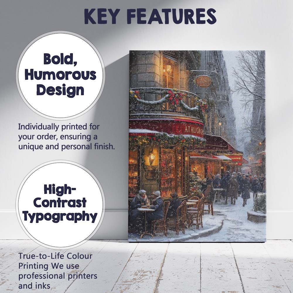 Cosy Paris Christmas Cafe Snowy Winter Street Scene Canvas Wall Art Print Decor Picture Ready to Hang